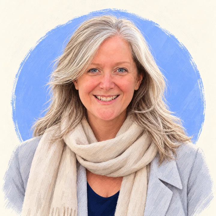 Illustrated portrait of Dominique with loose silver hair and a broad smile.